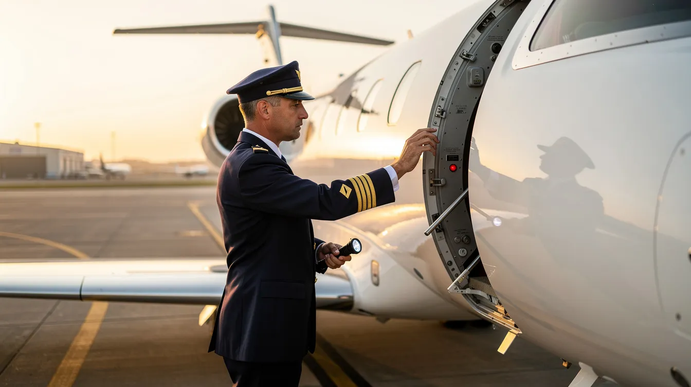 A pilot in uniform is carefully inspecting the wing of a light business jet, ensuring the aircraft is ready for flight. This pre-flight inspection reflects the commitment to safer aircraft management, providing an enjoyable journey for customers traveling from locations like Carlsbad and Orange County.