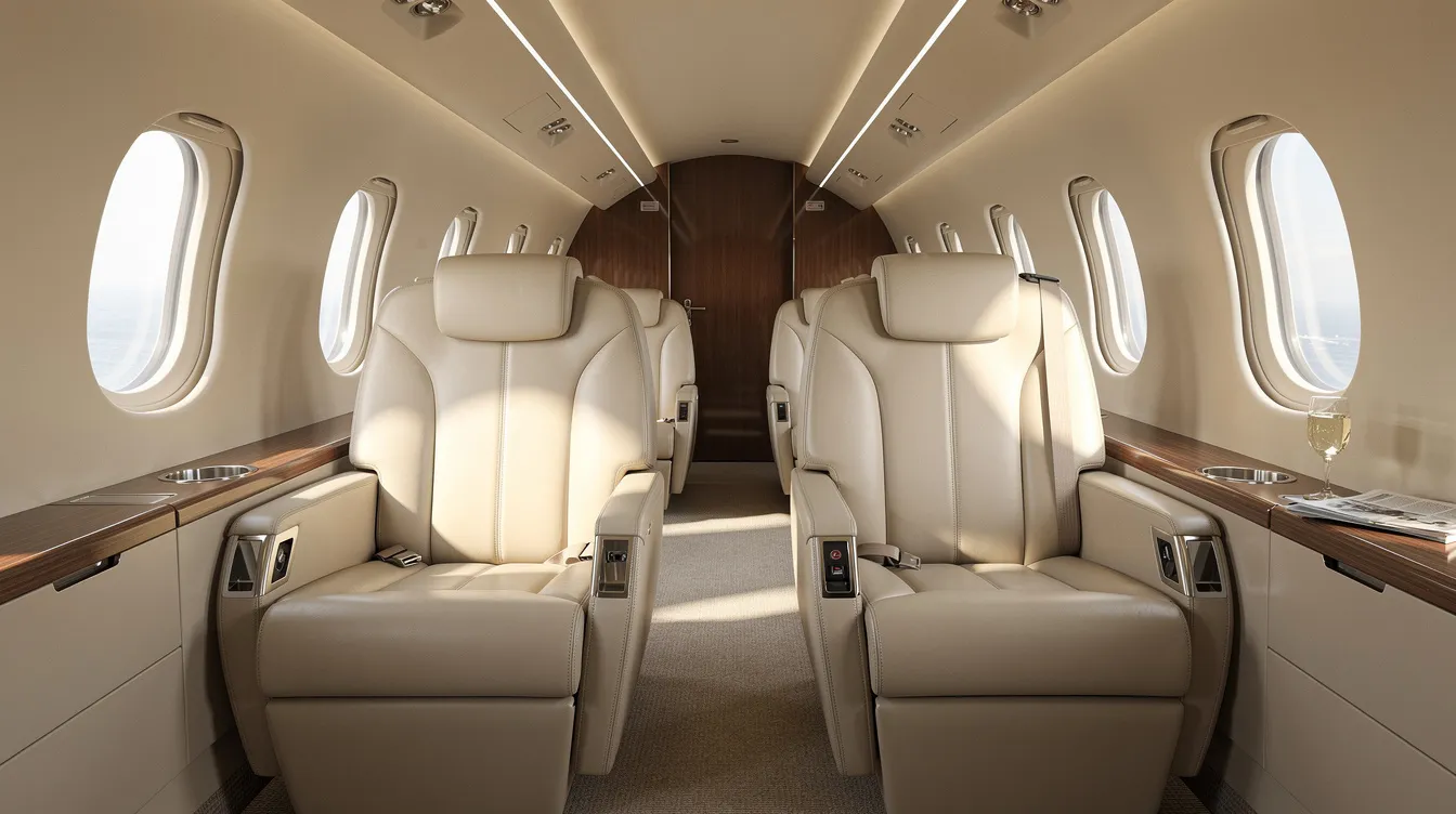 The image depicts the interior of a midsize private jet cabin featuring plush leather seats and natural light flooding in through oval windows, creating an inviting atmosphere for an enjoyable journey. This luxurious space reflects the high standards of aircraft management and ownership, ideal for customers seeking a safer travel experience from locations like San Diego and Orange County.