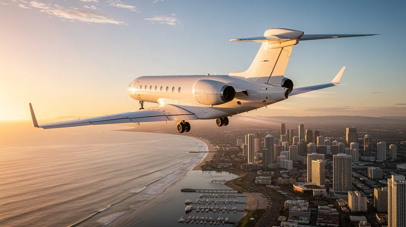 A private business jet, specifically a Phenom, ascends gracefully into a clear sky during golden hour, with the coastal cityscape of San Diego and Carlsbad, CA, visible below. This image captures the essence of enjoyable journeys and aircraft management, showcasing the beauty of private aircraft ownership.