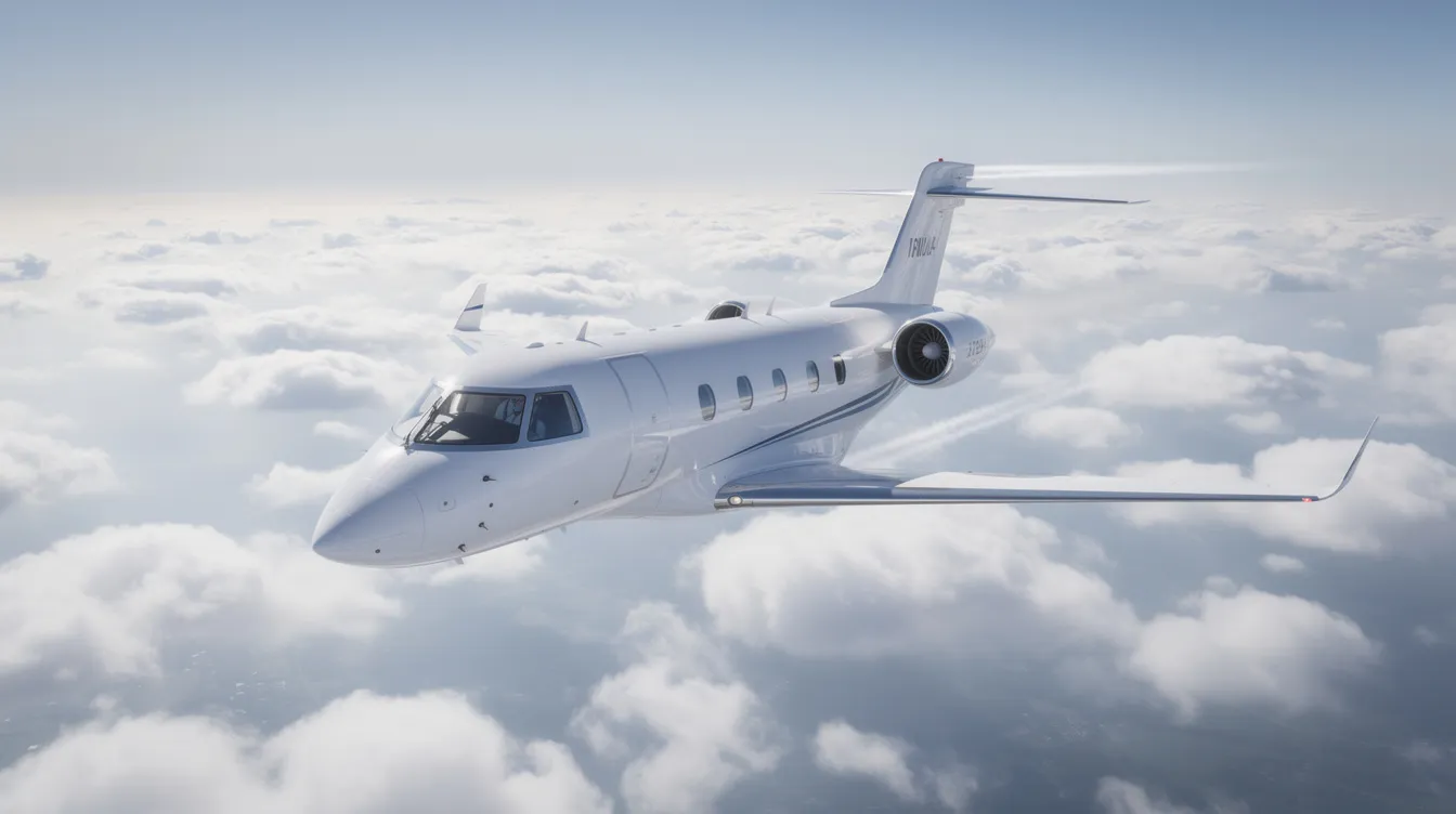 A sleek white private jet is soaring above scattered clouds, with sunlight reflecting off its fuselage, symbolizing the luxury of flight and travel in South Africa. The aircraft represents the benefits of international routes and access to various cities around the world.
