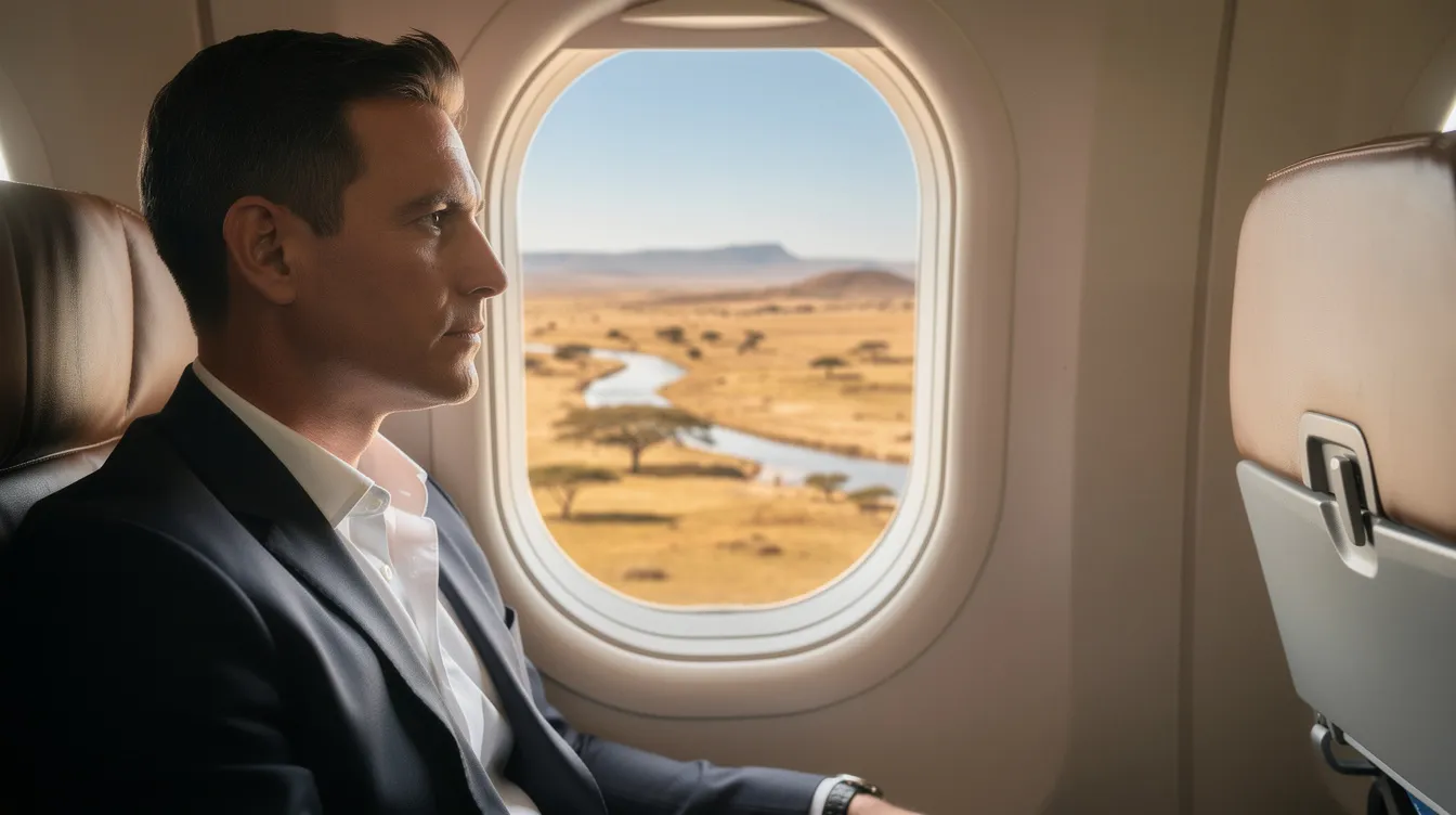 A business traveler gazes out of an aircraft window, observing the sunlit African landscape of South Africa below, with its vast fields and patches of greenery. The view highlights the beauty of the region as the jet flies smoothly through the sky, connecting international routes.