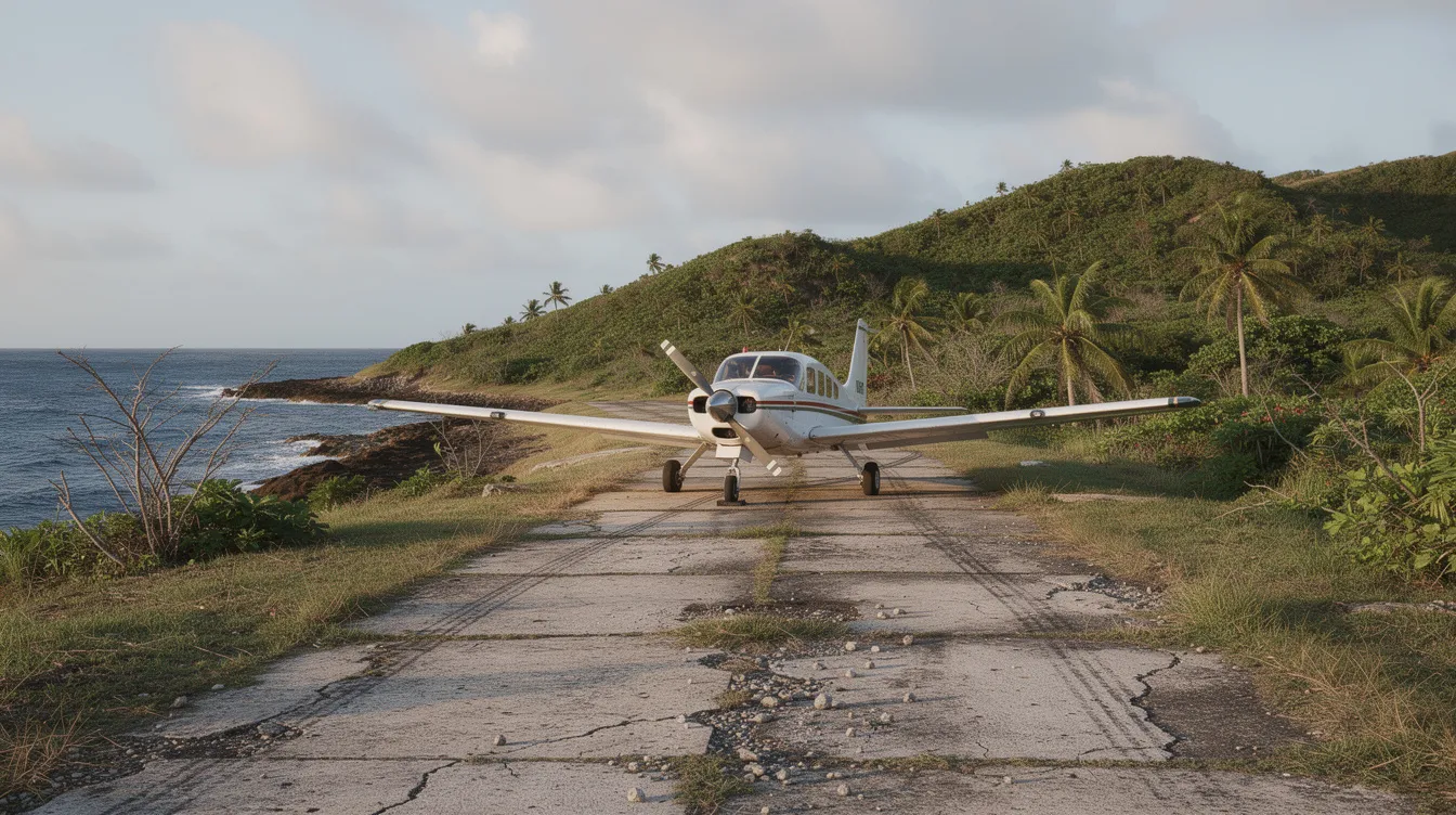 A small Britten Norman Islander aircraft is parked on a remote island airstrip, surrounded by low green hills and the ocean in the background. This versatile aircraft, known for its reliability and single pilot operation, is a popular choice for commuter transport in the UK and beyond.