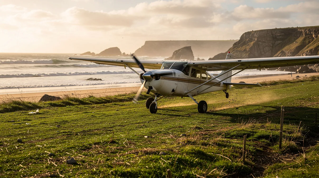 A Britten Norman Islander aircraft is landing on a short grass runway near the coast, with waves crashing in the background. The versatile aircraft, known for its reliability, is designed for commuter transport and offers a unique flying experience.