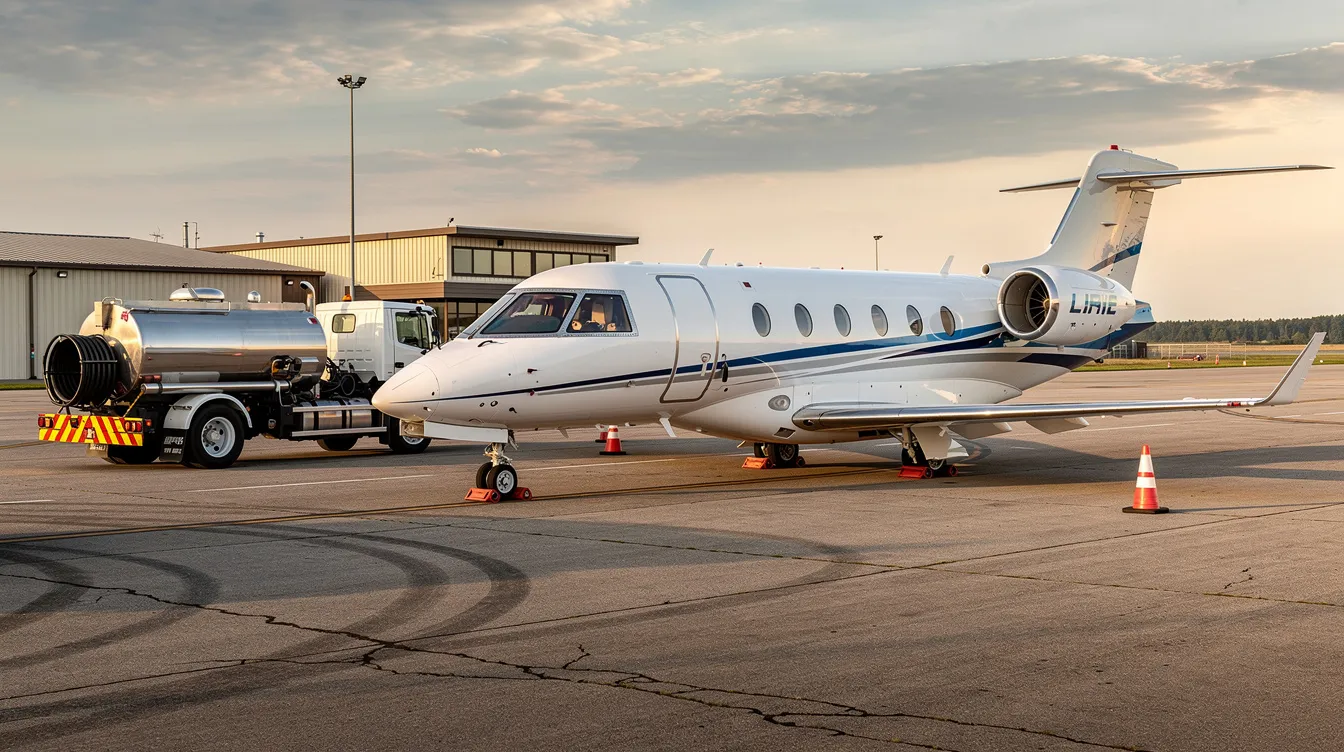 A light business jet is parked on the asphalt ramp of Huntington Municipal Airport, with a fuel truck nearby, surrounded by trees. The scene captures a serene moment during sunset, highlighting the aircraft's sleek design against the backdrop of the Indiana sky.
