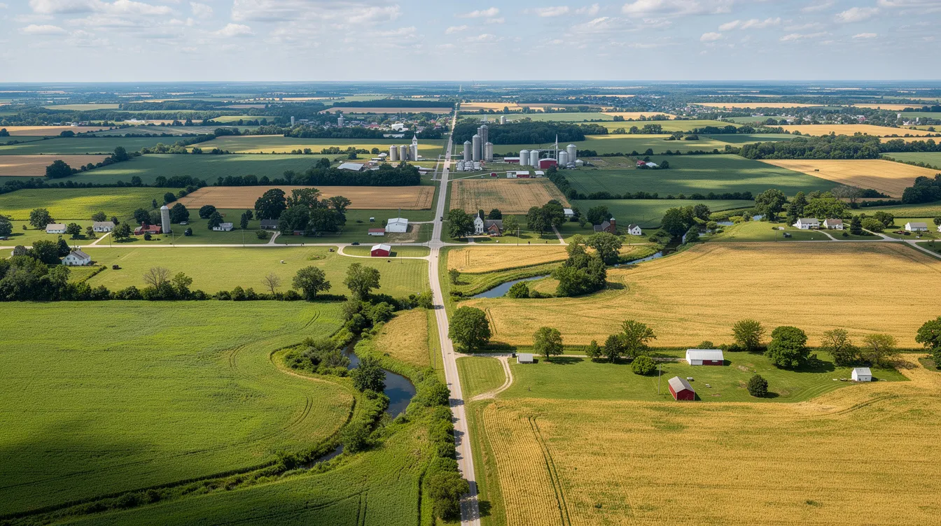 The image depicts a vast regional landscape of rural northeastern Indiana, showcasing expansive farmland and small towns from an aerial perspective. In the distance, the Huntington Municipal Airport can be seen, surrounded by fields and trees, with a sunset casting a warm glow over the scene.