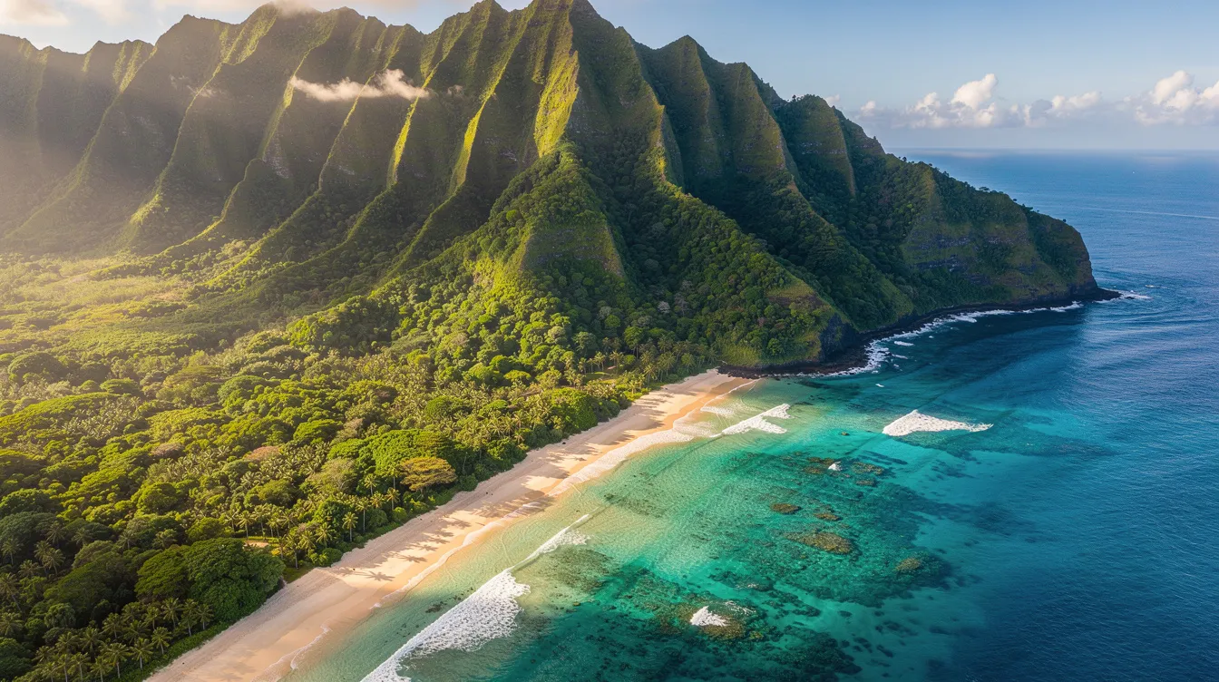 An aerial view showcases a stunning tropical coastline where lush green mountains seamlessly meet the sparkling turquoise water, creating a picturesque scene perfect for travelers seeking a serene getaway. This idyllic location is ideal for comparing hotel prices and finding the best hotel deals for your next vacation.