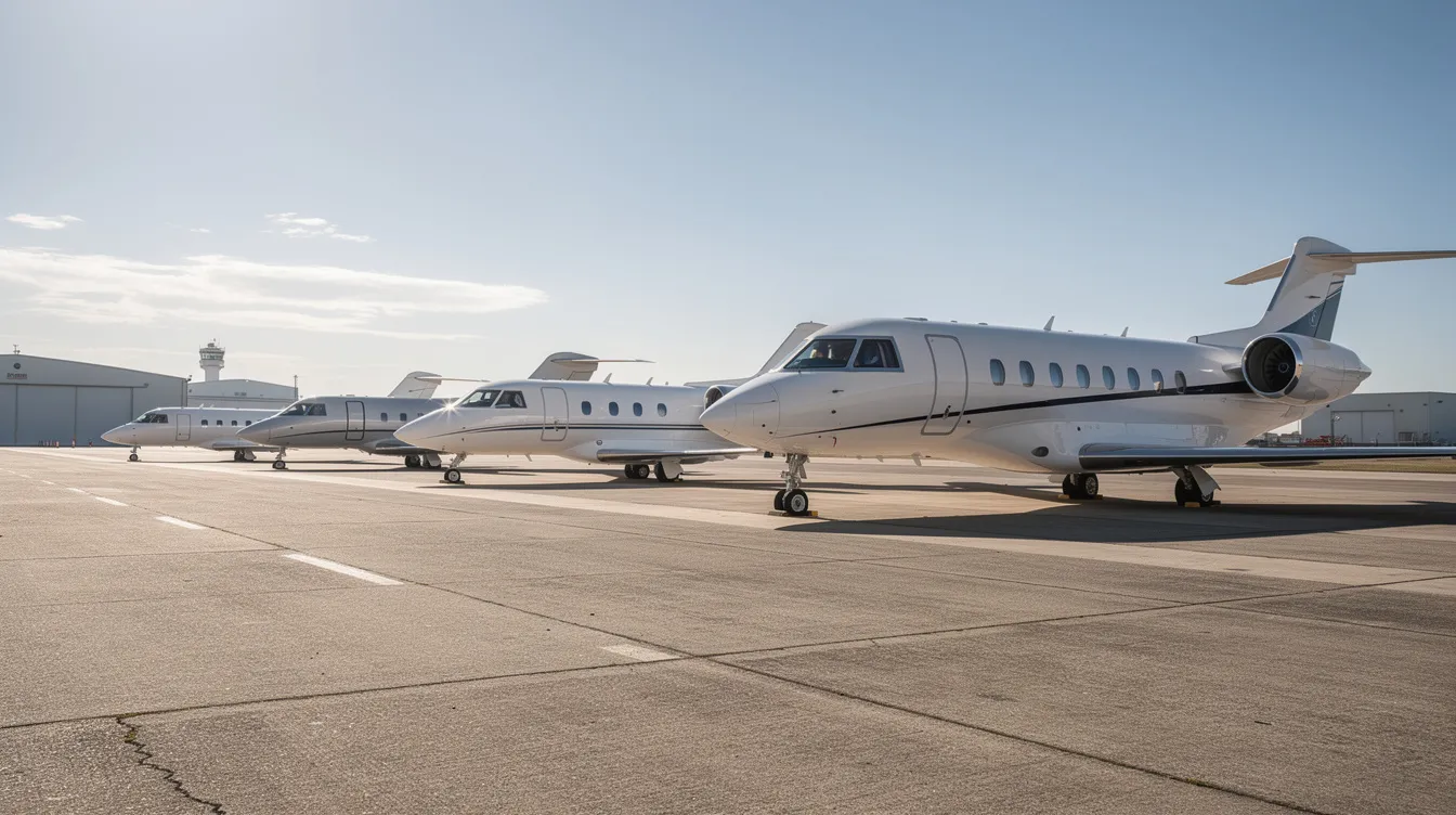 The image shows several private jets of varying sizes lined up on an airport tarmac, ready for departure. This scene reflects the luxury of private air travel, often associated with business class tickets and international routes, appealing to travelers seeking convenience and comfort.