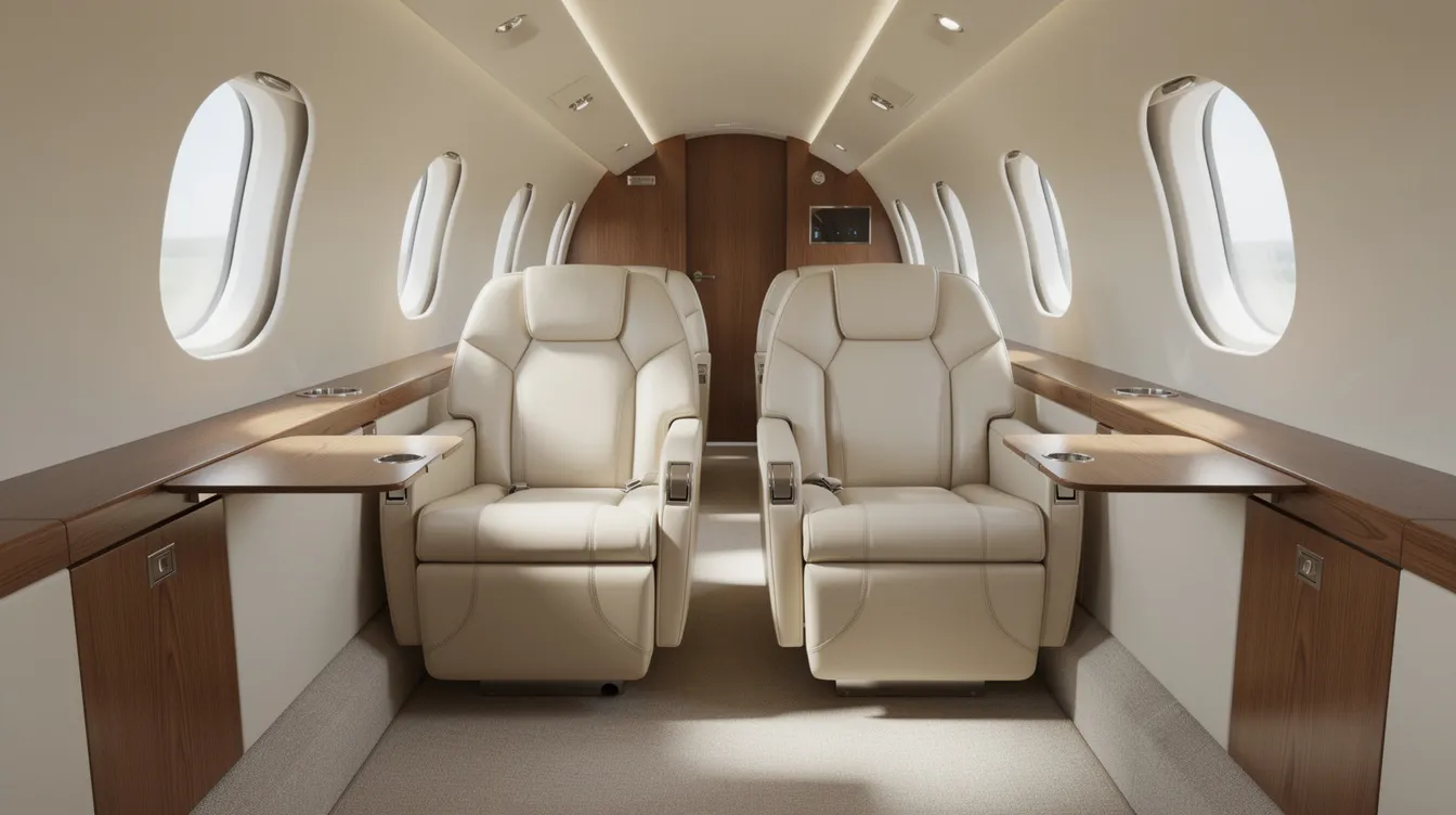 The image depicts the interior of a midsize private jet cabin, featuring plush leather seats and ample natural light streaming in through the windows, creating a luxurious atmosphere for travelers. This elegant setting is ideal for those seeking comfort during their flight, whether for business or leisure, and is reminiscent of the high standards found in hotel stays and premium travel experiences.