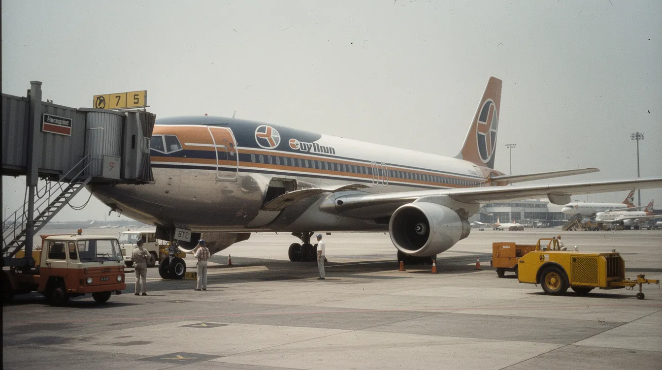 A vintage wide-body commercial aircraft, resembling models from the 1970s, is parked at an airport gate, showcasing the design of early passenger jet airliners. The scene reflects a moment in commercial aviation history, where safety records were a growing concern amid the backdrop of major accidents and airline service developments.
