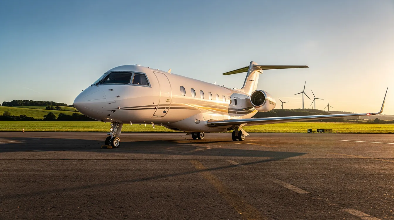 A modern private jet is parked on a sunlit runway, with lush green fields in the background, symbolizing a commitment to sustainable travel. The aircraft, designed for optimal performance with turbine engines, showcases the advancements in aviation fuel technology for eco-friendly flying.
