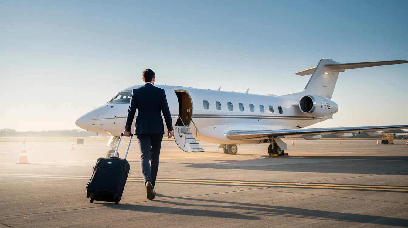 A business traveler is strolling across the tarmac towards a midsize private jet, set against a clear blue sky, symbolizing the start of an important journey. This scene captures the essence of air travel, where flights and destinations are meticulously planned and prepared for departures and arrivals.