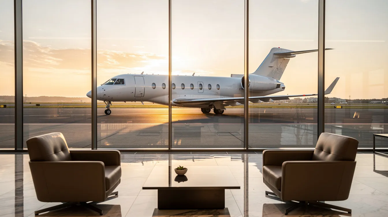 Inside a private jet terminal lounge, the image captures a view of the runway where a business jet is taxiing, showcasing the sleek design of the aircraft against the backdrop of the airport. The scene suggests an atmosphere of luxury and efficiency, highlighting the importance of flight information and timely departures for travelers.