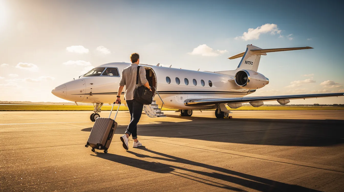 A traveler is walking toward a private jet on a sunny tarmac, holding luggage in hand, ready for their journey. The scene captures the essence of the aviation industry, highlighting the efficiency and excitement of air travel.
