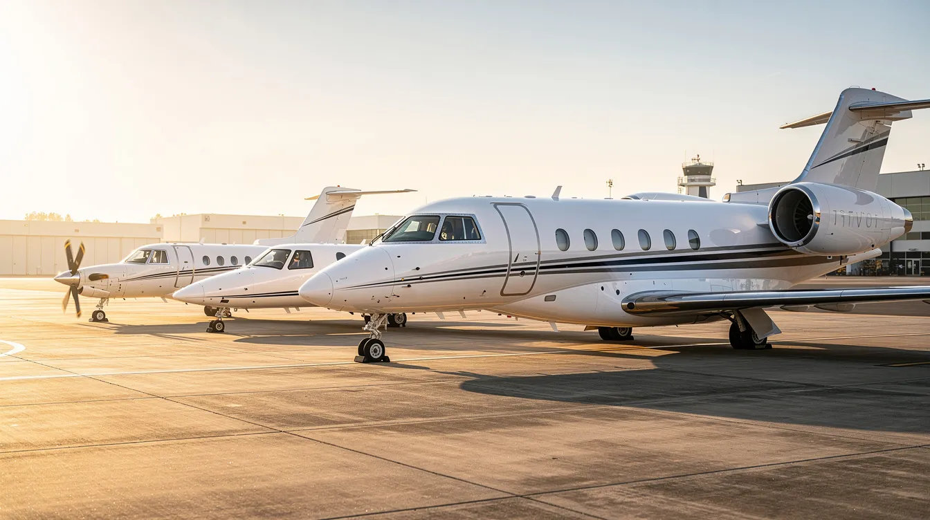 A lineup of several private jets of varying sizes is parked on an airport ramp, including a small turboprop and a large cabin jet, showcasing the diversity of modern aircraft in the aviation industry. The scene highlights the importance of flight tracking and air traffic control in managing these aircraft at the airport.