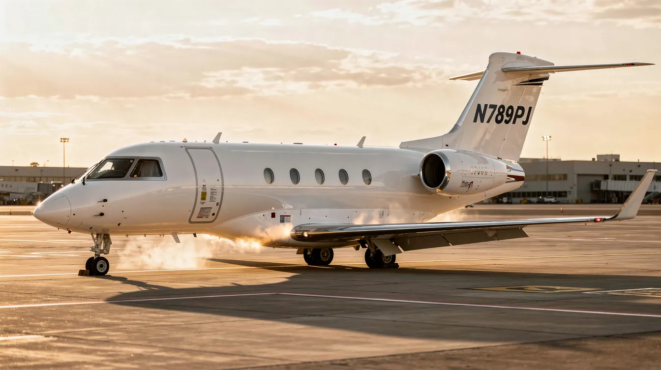 A private jet is parked on the tarmac, showcasing its tail number prominently on the fuselage, which can be used for flight tracking and monitoring by air traffic control. The aircraft is ready for its journey, contributing to the efficiency of the aviation industry.