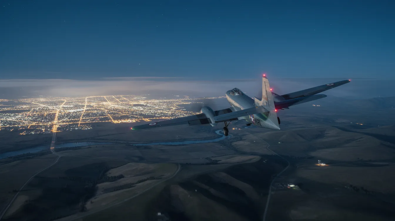 An aircraft is soaring through the sky above a landscape that features open terrain and distant city lights twinkling in the background. This scene captures the essence of flight, highlighting the aircraft's journey as it navigates through airspace, potentially monitored by flight tracking systems for real-time flight information.