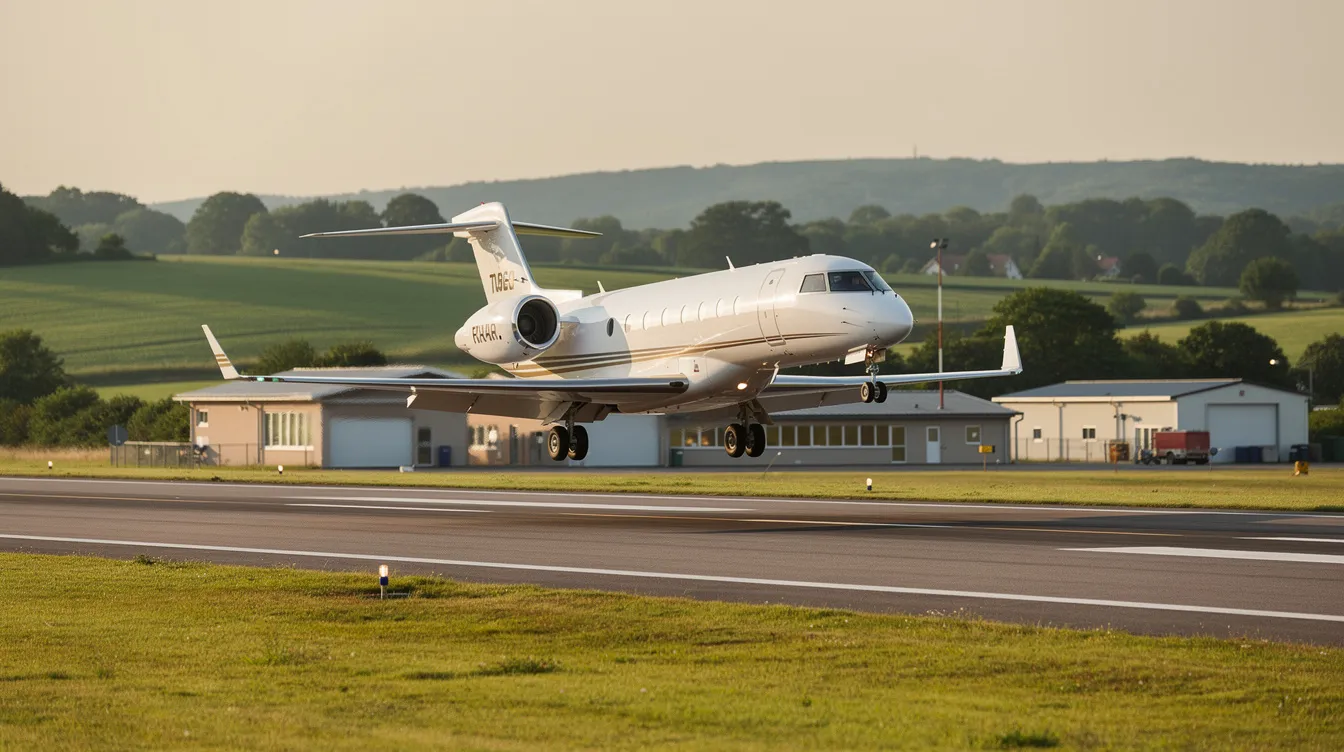 A small private jet is landing at a quiet regional airport, surrounded by lush green landscapes. The scene captures the serene atmosphere of travel, reminiscent of flights that might connect to destinations like Las Vegas or Dallas Love Field.