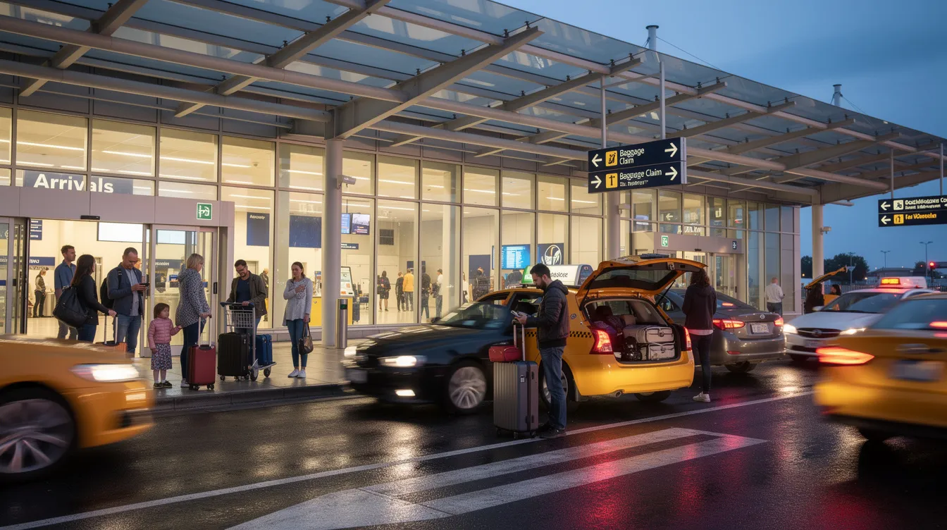 In the airport arrivals pickup area, people are waiting near glass doors as cars and taxis line up outside, ready to greet travelers arriving on various southwest airlines flights. The scene captures the anticipation of reunions and the hustle of travel plans in busy locations like Las Vegas and Dallas Love Field.