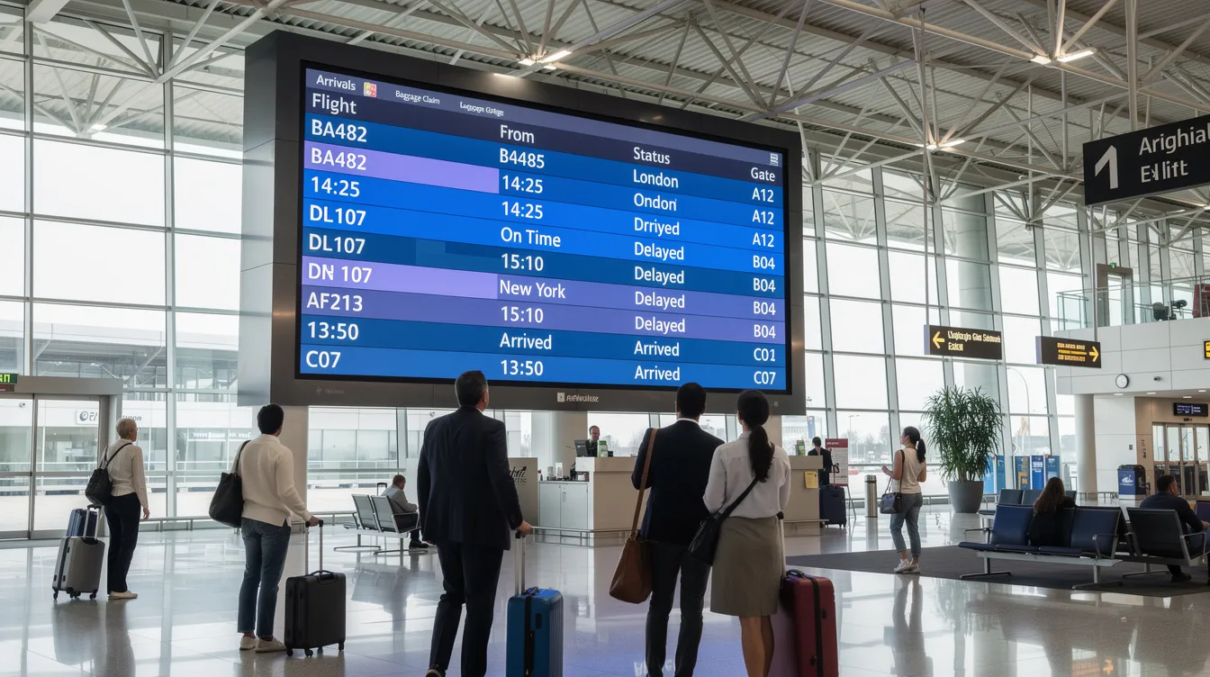 The image depicts a modern airport arrivals board displaying up-to-date information on flight times and gate numbers, including flights from Southwest Airlines to destinations like Las Vegas and San Jose. Travelers can easily check their flight status and make informed travel plans as they navigate the terminal.