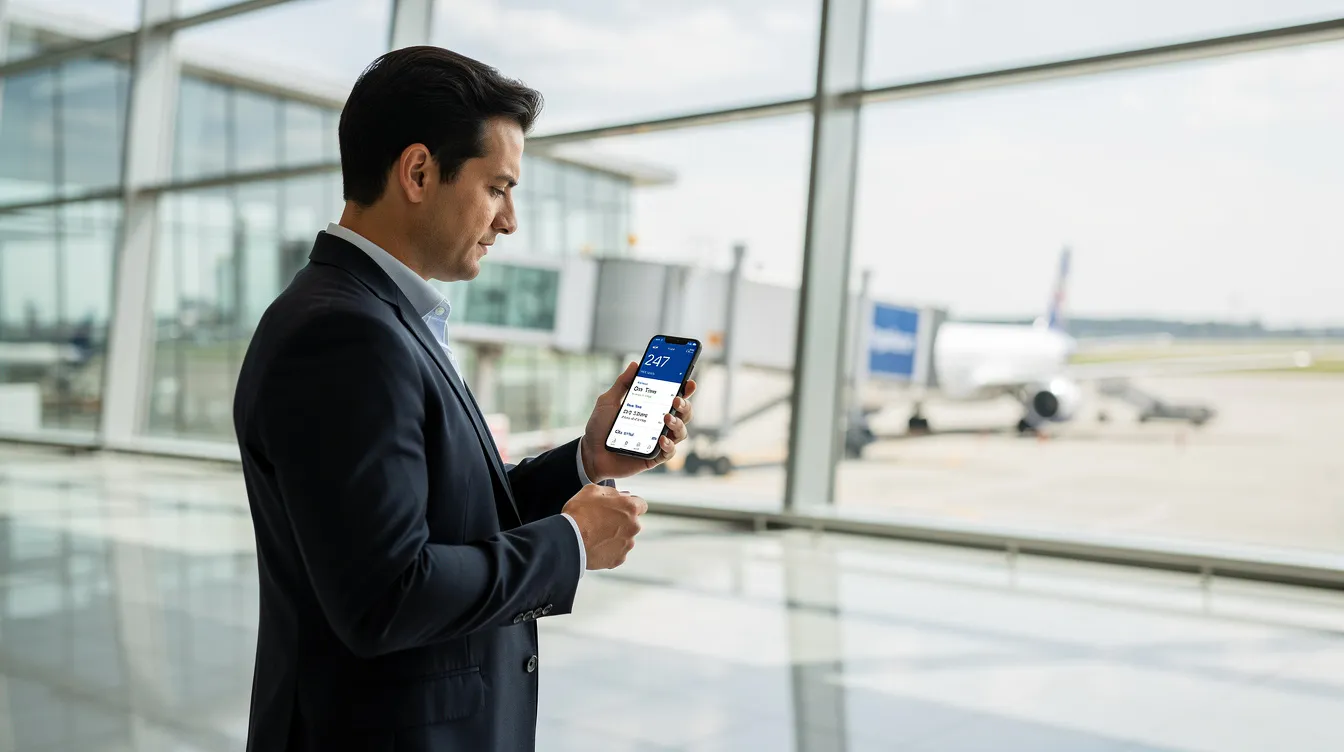 A business professional in a suit stands near large airport windows, checking flight information on a smartphone. The screen displays real-time tracking details, allowing users to easily track flight statuses and updates.