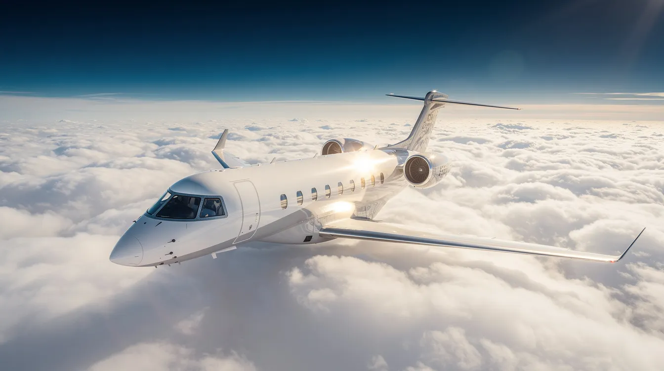 A private jet soars above a thick layer of white clouds, with sunlight glinting off its sleek fuselage. This scene captures the essence of general aviation, highlighting the beauty and freedom of flight, while users can easily track such flights in real time with global flight tracking apps.