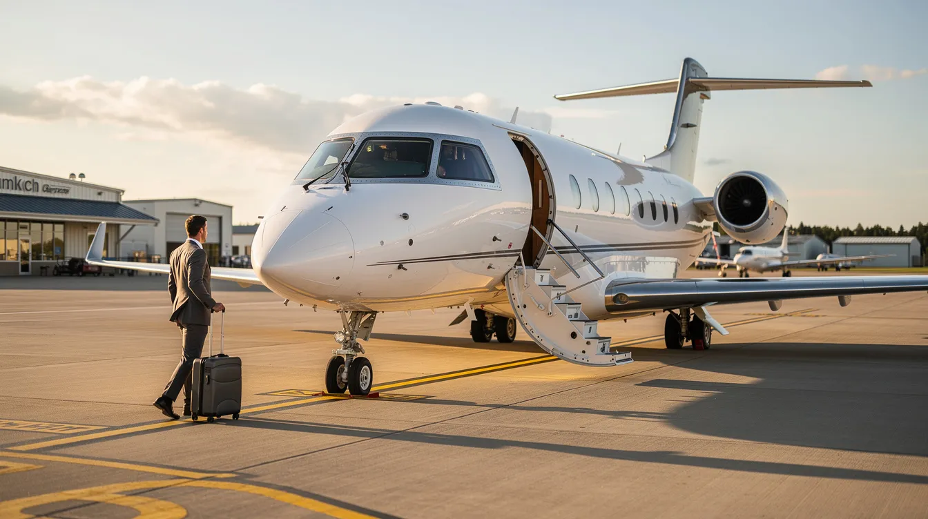 A sleek private jet is parked on the tarmac of a small regional airport, with a passenger walking toward its stairs, ready for departure. This scene captures the essence of general aviation and the convenience of real-time flight tracking for travelers.