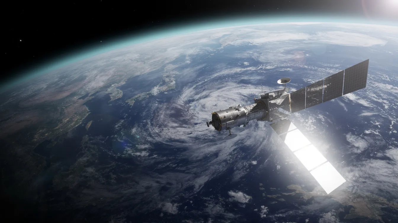 A communications satellite orbits above Earth, with vibrant blue oceans and fluffy cloud formations visible below. This image represents the technology that enables real-time flight tracking, allowing users to easily track aircraft and access essential flight information.