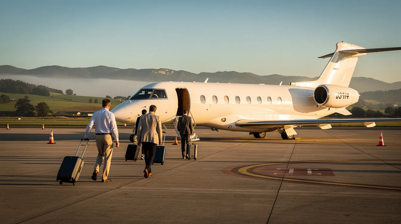 A group of passengers is walking toward a sleek private jet on a sunny tarmac, with rolling hills visible in the background, highlighting the allure of modern aircraft and private aviation. The scene captures the essence of civil aviation, where individuals embark on their journeys aboard jet aircraft.