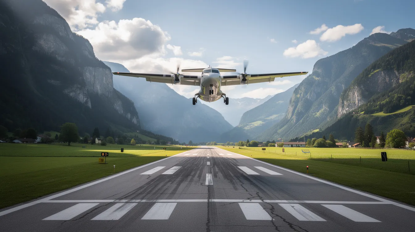 A turboprop aircraft is landing on a short runway, flanked by majestic mountains and lush green landscapes, showcasing its capabilities as a fixed wing aircraft designed for efficient travel in regional flights. The scene captures the essence of modern aircraft operations in a picturesque natural setting.