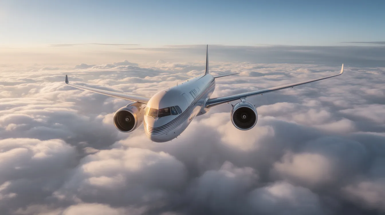 A modern twin-engine widebody jet aircraft is soaring above fluffy white clouds, with sunlight glinting off its sleek fuselage, showcasing its advanced design and capabilities in powered flight. This scene captures the essence of civil aviation, highlighting the beauty of modern aircraft in the sky.