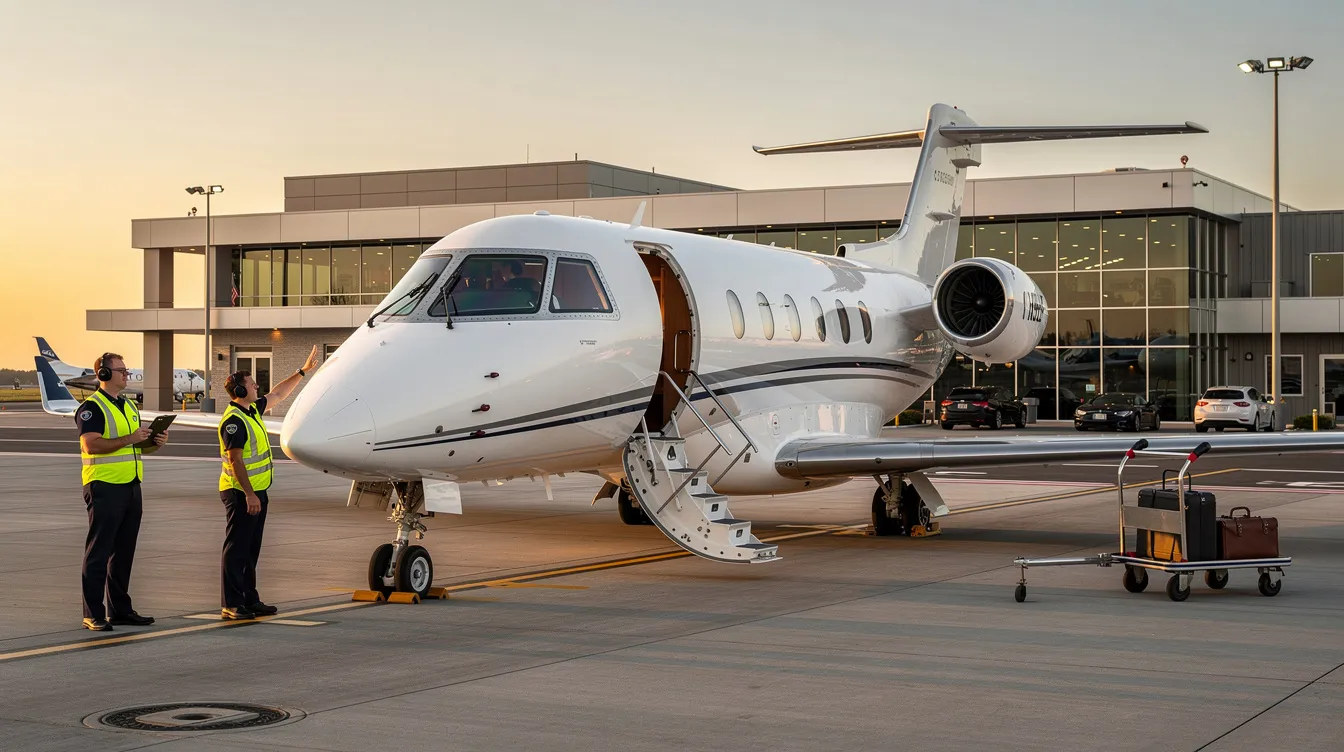 A midsize private jet, classified as a jet aircraft, is parked at a private aviation terminal with its stairs extended, while ground crew members are nearby preparing for passenger boarding. The scene captures the essence of general aviation and the modern aircraft experience.