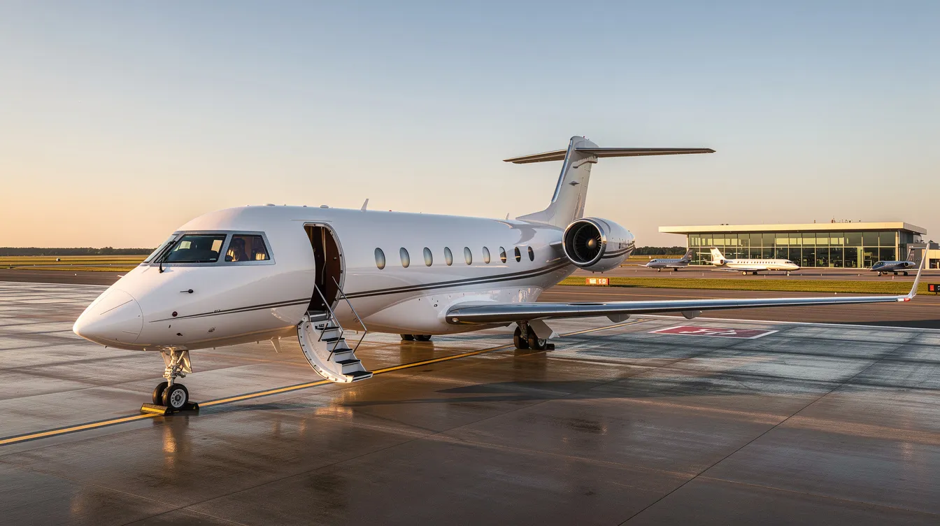The image depicts a luxurious private jet ready for takeoff, showcasing the convenience and exclusivity of private aviation. It highlights the benefits of private jet membership, such as guaranteed access and the ability to fly on specific aircraft types without the hidden fees associated with traditional air travel.