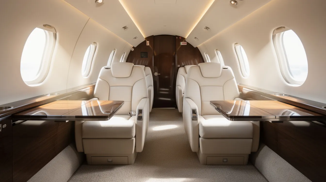 The image depicts the luxurious interior of a private jet cabin, featuring plush leather seats bathed in natural light, creating an inviting atmosphere for travelers. This elegant space highlights the benefits of private aviation, offering comfort and convenience for those considering private jet membership.