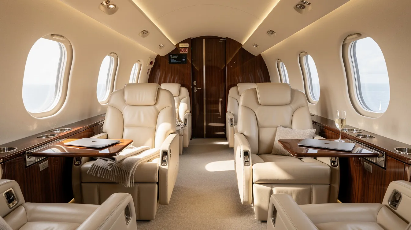 The image depicts the luxurious interior of a private jet cabin, featuring plush leather seats and ample natural light streaming through large windows. This elegant space is designed for comfort and exclusivity, embodying the essence of private aviation and enhancing the overall travel experience for its members.