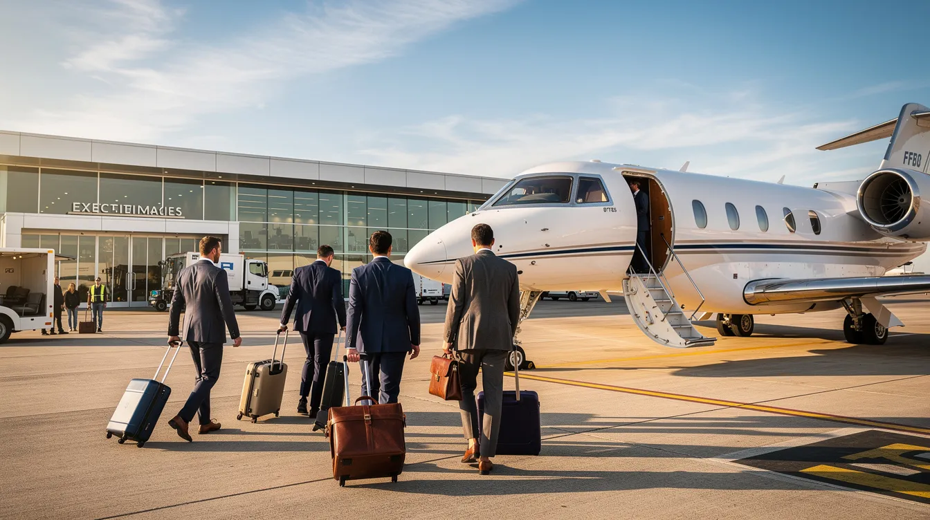A group of business travelers approaches a midsize private jet at a private terminal on a sunny day, showcasing the convenience and luxury of private aviation. This scene highlights the exclusive access and benefits of private jet travel, emphasizing the ease and comfort of flying private for business journeys.