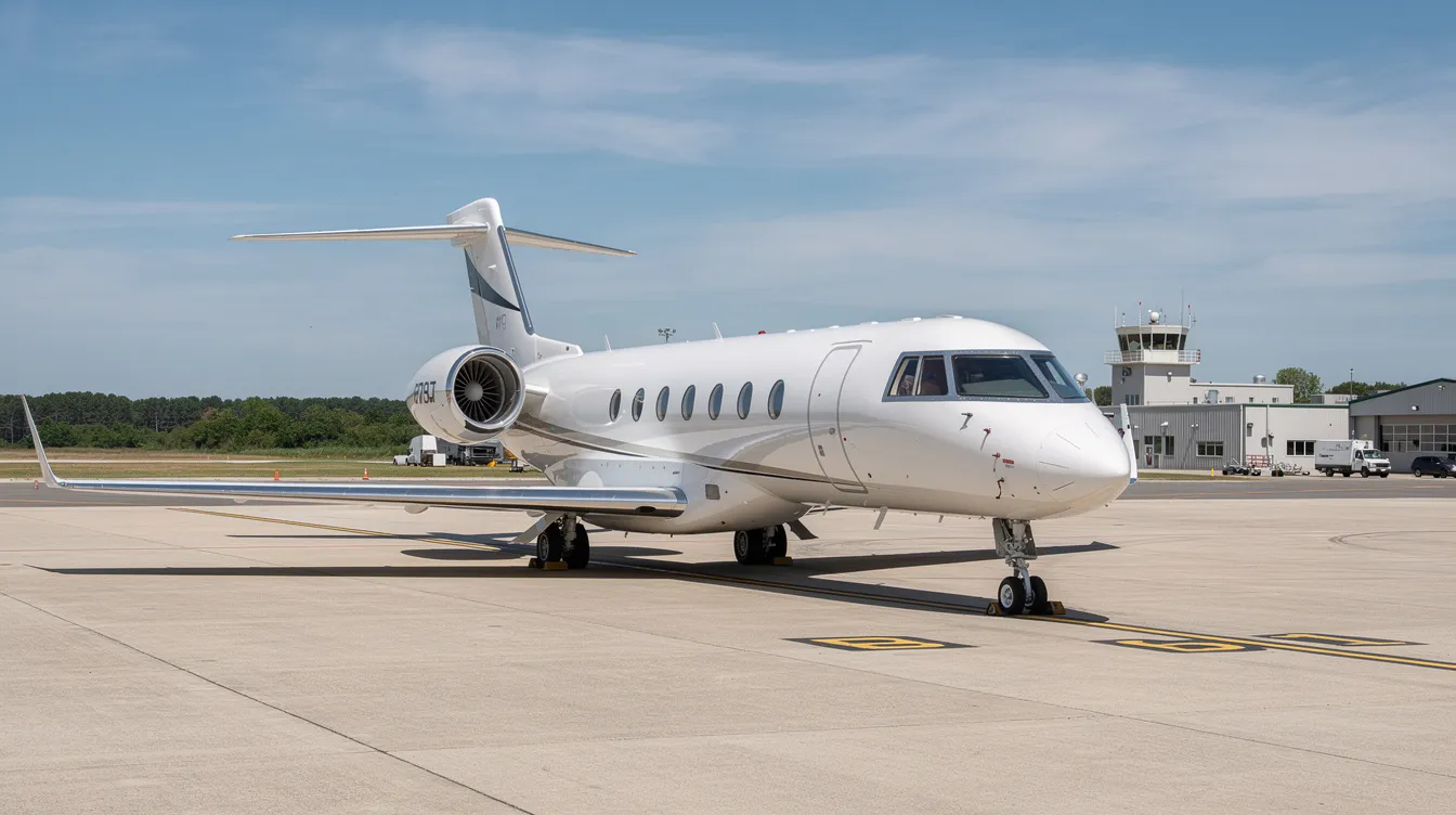 A sleek private jet is parked on the tarmac of a small regional airport under a clear blue sky, showcasing the luxury and convenience of private aviation. This image represents the exclusive access and benefits offered through private jet membership, making travel a seamless experience.