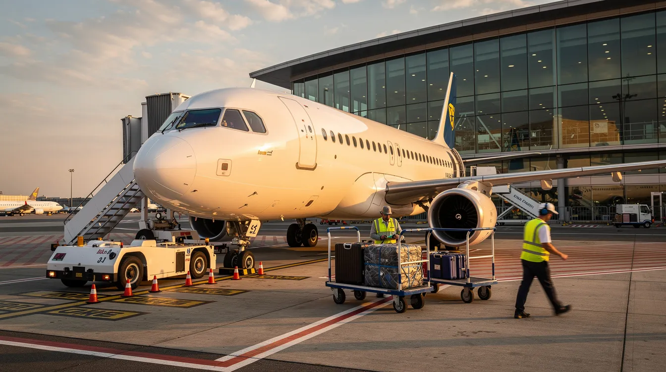 A modern narrow-body commercial aircraft is parked at a gate, surrounded by ground crew members and luggage carts, ready for the next flight. The scene captures the teamwork and coordination essential for successful aircraft operations, highlighting the importance of communication and shared goals among the team.