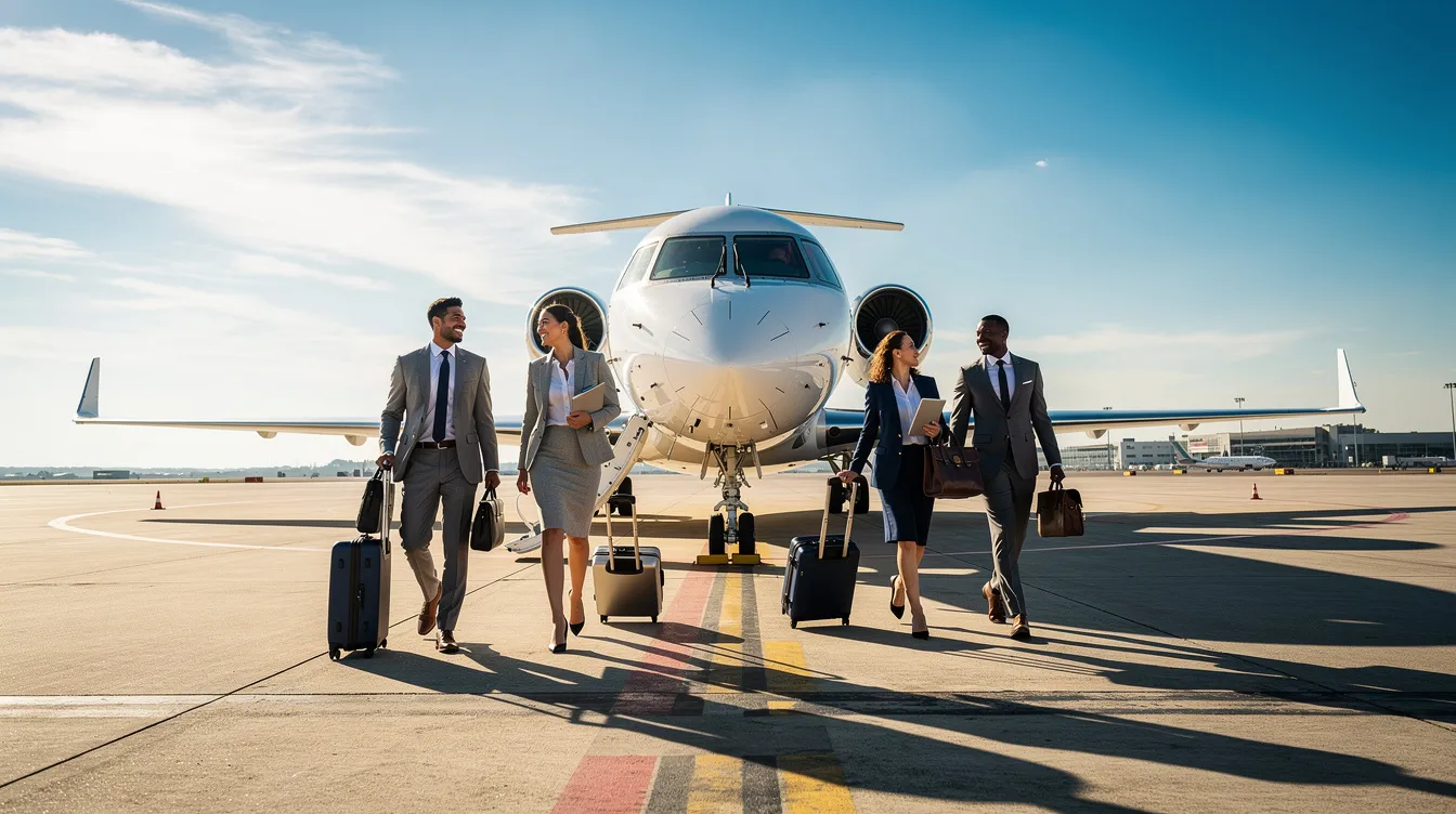 A group of business professionals, including team leaders and new team members, walk across an airport tarmac toward a white private aircraft on a sunny day, demonstrating teamwork and collaboration as they prepare for an off-site retreat focused on achieving their project goals.