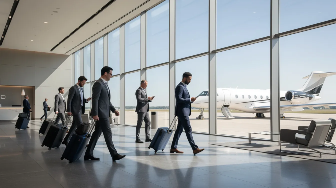A group of business travelers, each with rolling luggage, walks through a modern private aviation terminal that features large windows offering a view of the runway. The scene captures the hustle of team members on the move, likely heading to an off-site retreat or planning session to align on team goals and expectations.