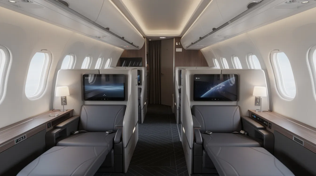 The image depicts the interior of a modern widebody aircraft cabin, showcasing lie-flat business class seats arranged in a herringbone layout, designed for business class passengers seeking comfort on long haul flights. This luxurious setting emphasizes the exceptional customer service and premium experience offered to business class travelers.