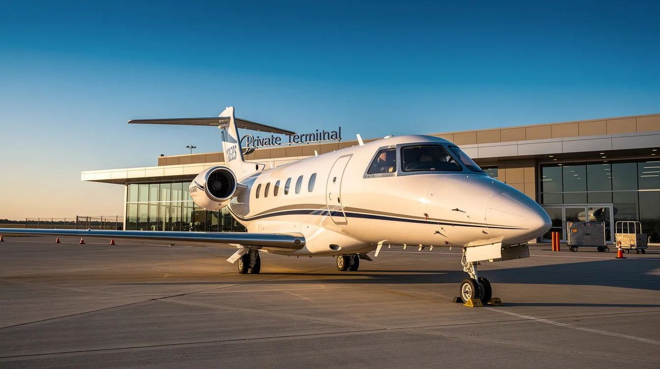 A small private jet is parked on a tarmac at a private terminal, set against a backdrop of a clear blue sky, ideal for business class travelers seeking an exceptional customer service experience. The scene reflects the luxury and convenience associated with flying business class, complete with priority boarding and access to exclusive airport lounges.