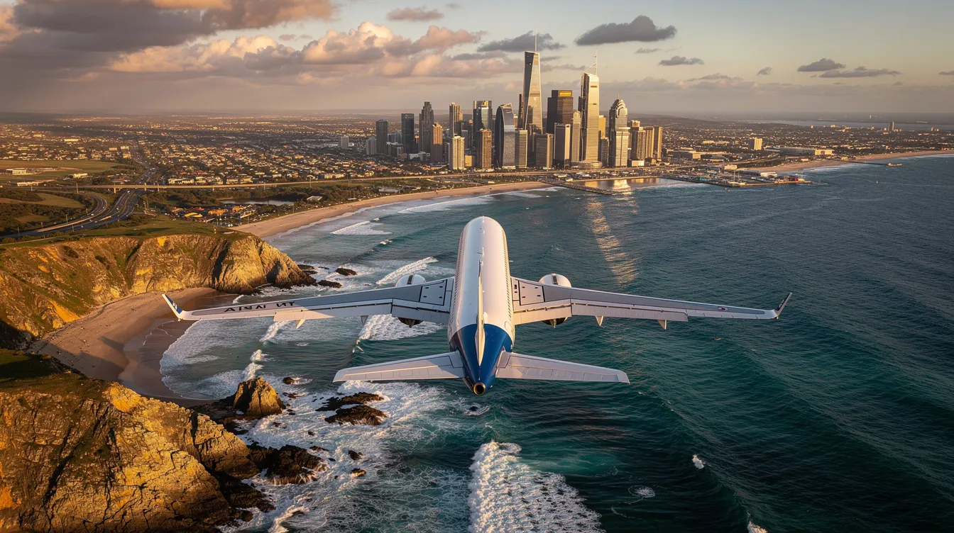 An aerial view captures an airplane gliding towards a picturesque coastline, with a bustling city skyline in the background. This scene highlights the excitement of business class travelers as they approach their destination, showcasing the vibrant urban landscape that awaits them.