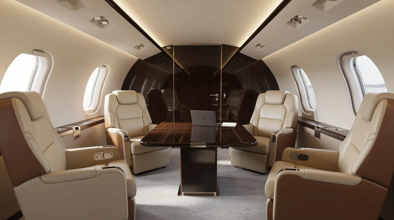 The image depicts the interior of a modern private jet featuring luxurious leather seats arranged around a small conference table, providing a sophisticated and comfortable environment for travelers. This elegant setting is perfect for those flying from New York to Los Angeles, whether for business or leisure.