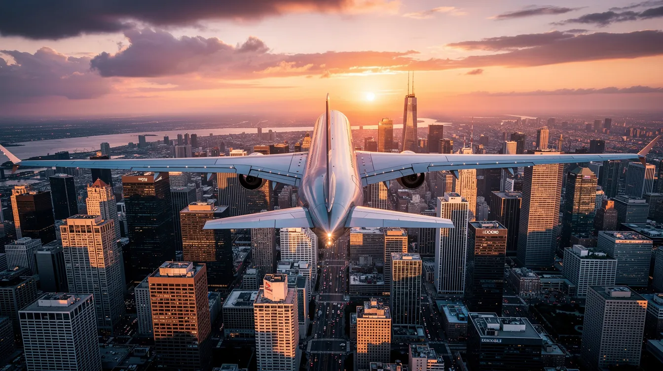 An aerial view captures a commercial airplane soaring above a dense city skyline at sunset, with the vibrant colors of the sky reflecting the bustling energy of downtown Los Angeles. This scene highlights the connection between major travel hubs, such as Los Angeles International Airport (LAX) and various airports in New York, symbolizing the journey from New York to Los Angeles.