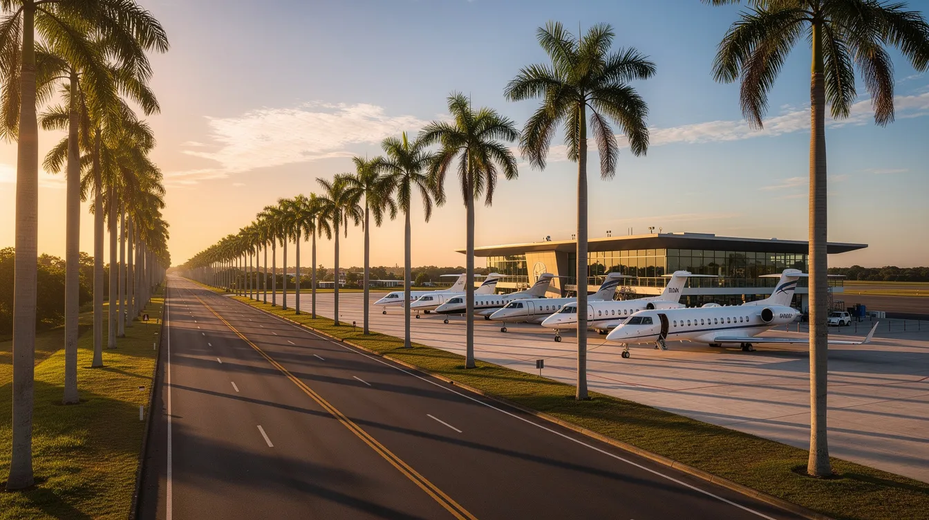 The image features tall palm trees lining a road adjacent to a small airport, where private jets are parked on the tarmac, evoking a sunny Los Angeles atmosphere. This scene captures the essence of travel, with hints of luxury and the allure of flights departing to various destinations.