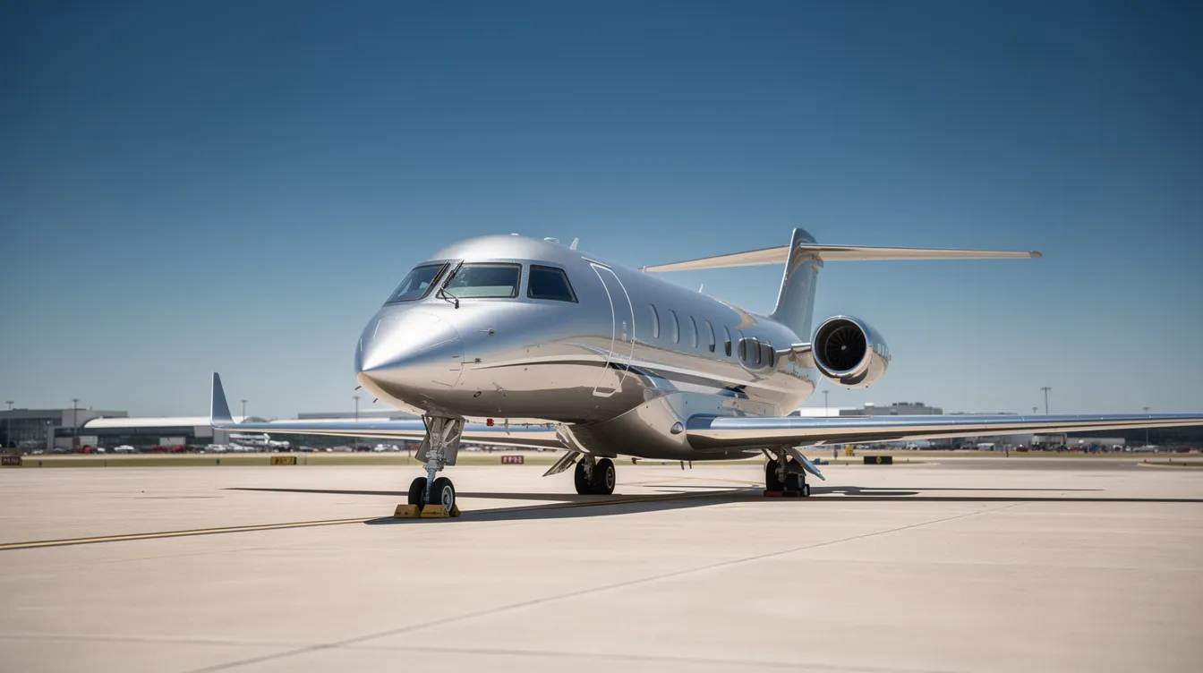 A sleek private jet is parked on a sunlit tarmac, with a clear blue sky overhead, showcasing the convenience of last minute private jet charters and same day departures.