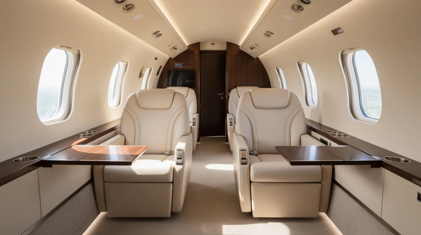 The interior of a midsize private jet cabin, showing comfort and natural light, ideal for last minute private jet flights.
