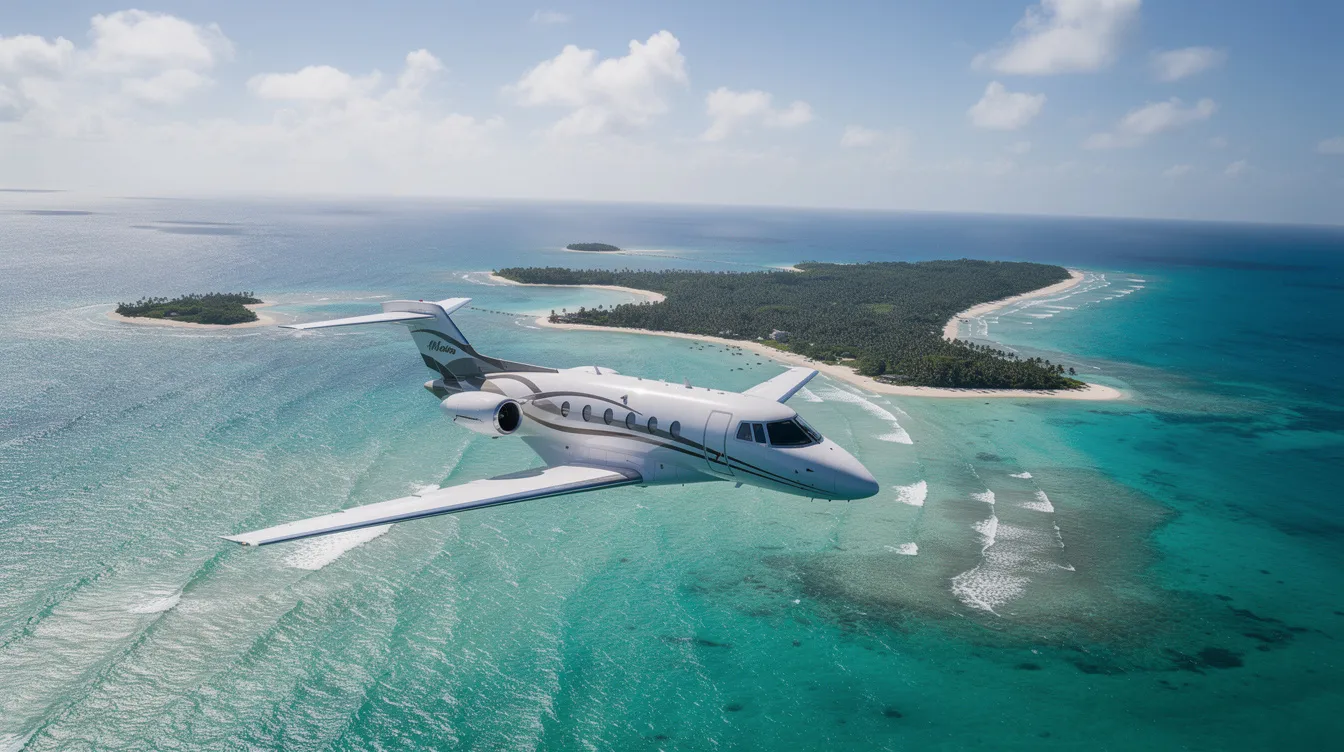 A small private jet soars above a stunning coastline, capturing the convenience and flexibility of last minute private jet flights.