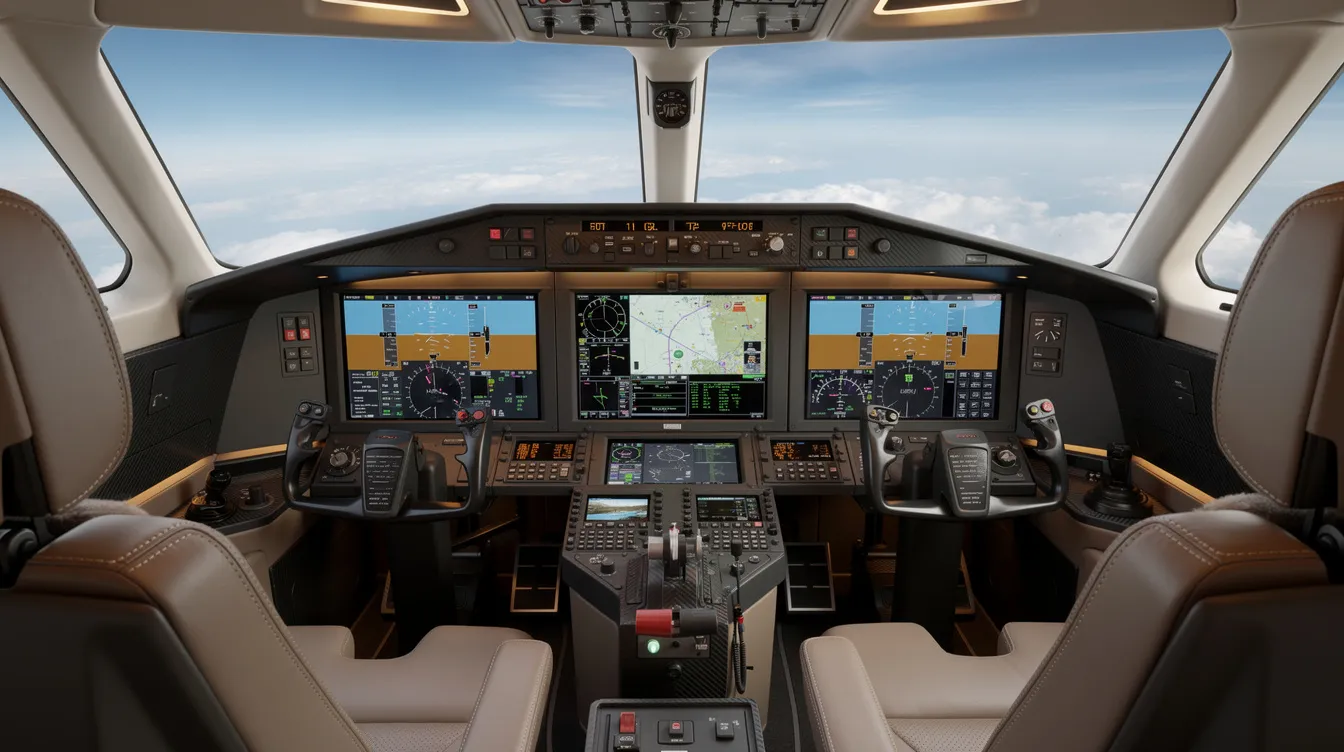 The image depicts a modern glass cockpit inside a private jet, showcasing advanced digital flight displays and avionics. This high-tech environment is essential for pilots as they navigate and control the aircraft during flight, ensuring safety and efficiency in aviation.