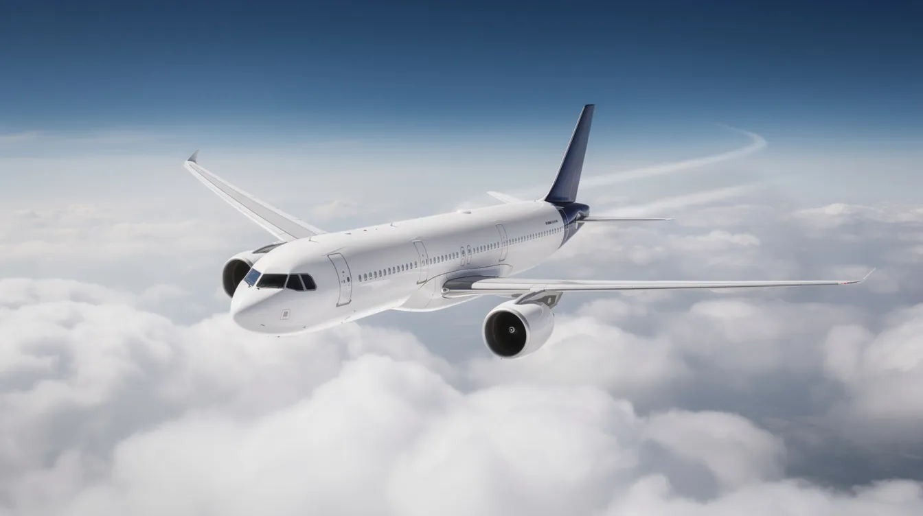 A modern commercial aircraft soars above a thick layer of white clouds, set against a clear blue sky, symbolizing the vastness of air travel and its place in aviation history. This image reflects the beauty and complexity of flight, contrasting with the serious nature of aviation incidents and the ongoing efforts to improve safety in the industry.